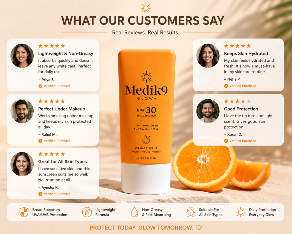 Medik9 Sunscreen SPF 30 PA+++ | Broad Spectrum UVA & UVB Protection | Lightweight Daily Face Sunscreen | Non-Greasy Formula | 100ml